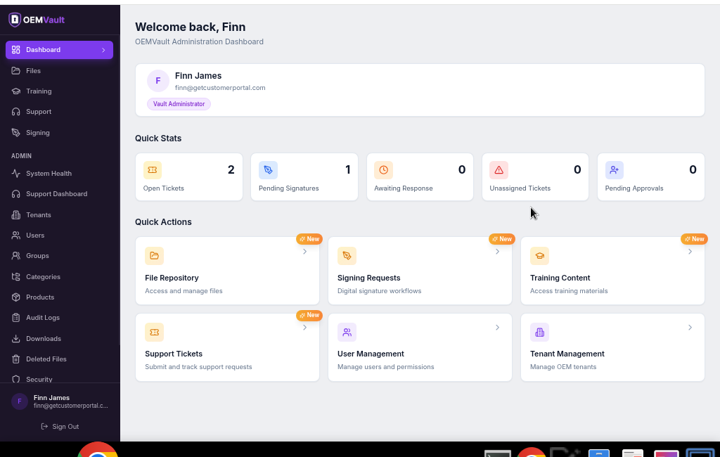 OEMVault dashboard showing quick stats, pending signatures, open tickets, and quick action links