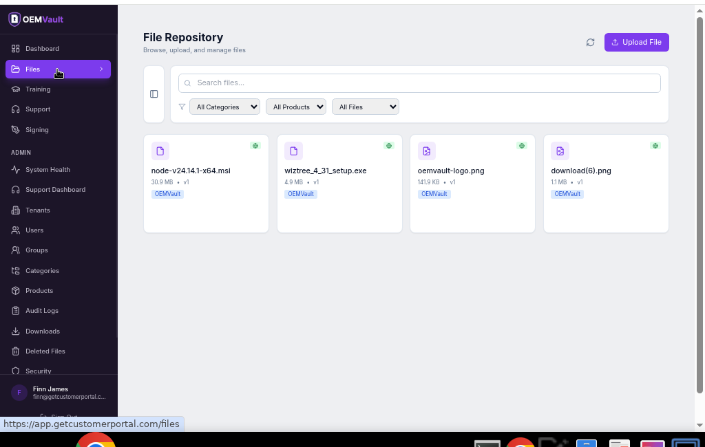 File Repository interface showing uploaded files with categories, version info, and tenant labels