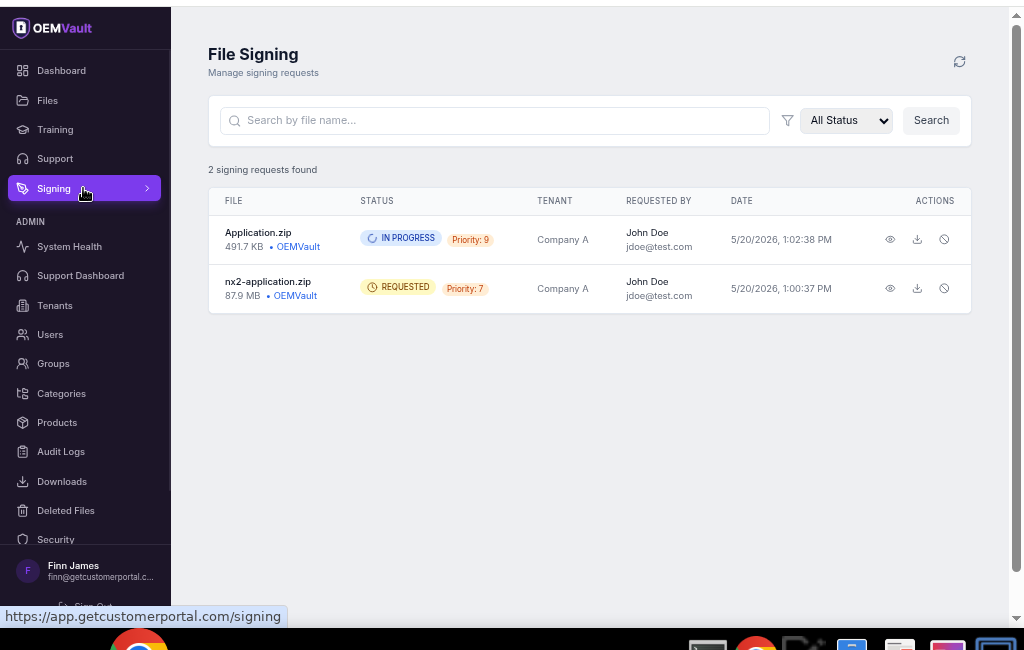 File Signing interface showing signing requests with status, priority, tenant, and requester details
