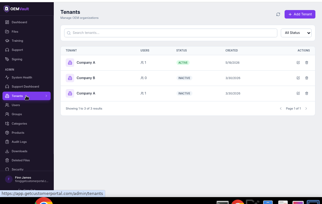 Tenant Management interface showing multi-tenant organizations with user counts and status tracking