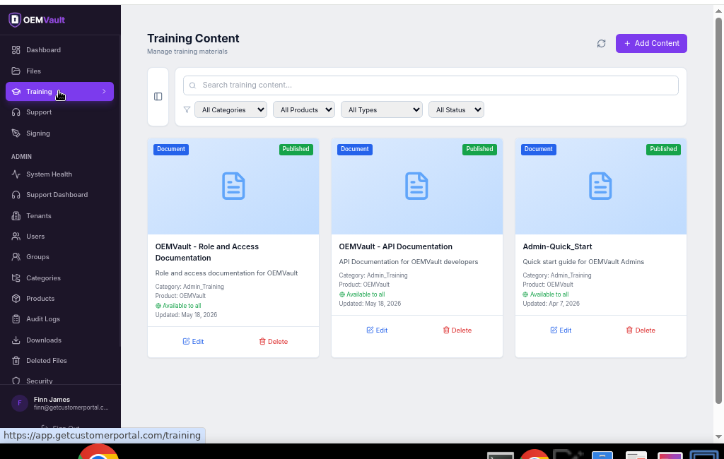 Training Content hub showing published documentation, API guides, and categorized training materials